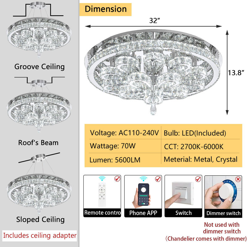 Glam Led Dimmable Crystal Chandelier, Silver