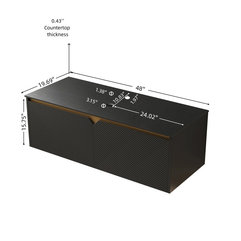 Meuble-lavabo mural noir mat 48 po avec plateau en pierre frittée noir mat, L 48 po