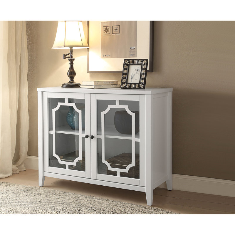 Console blanche avec 2 portes - Finition de la table rectangulaire avec porte en verre et tablette intérieure