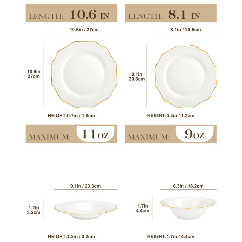 Service de table 16 pièces en porcelaine tendre avec bordure dorée pour 6 assiettes élégantes et bols à soupe, prêt pour le mariage