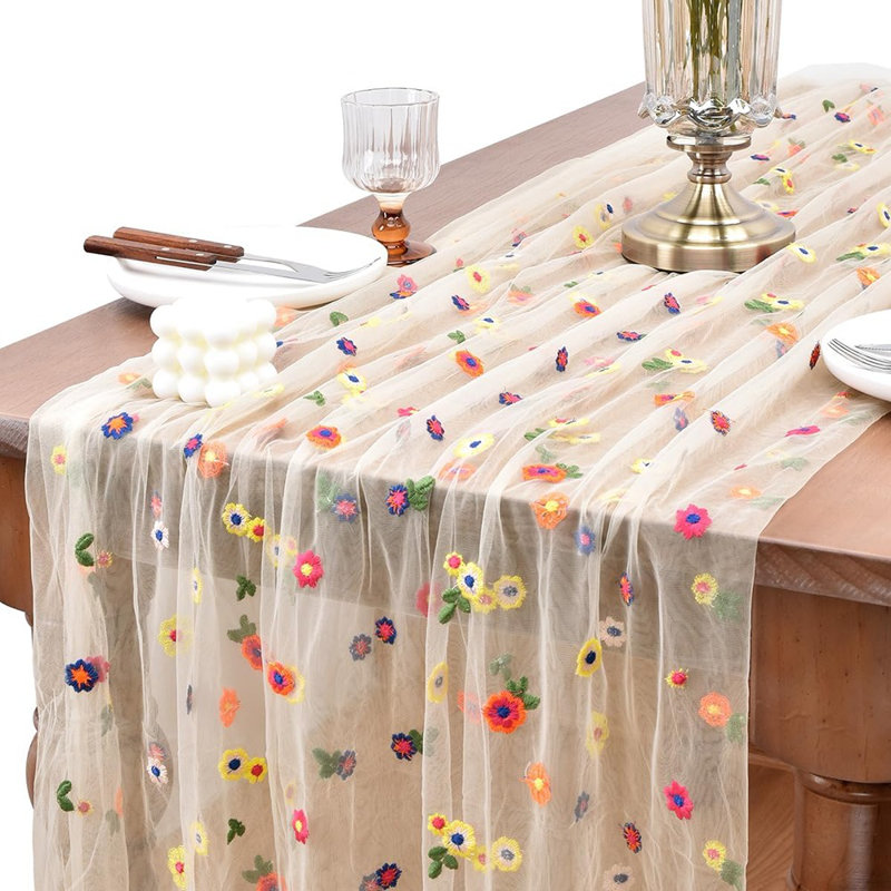 Table Runner - Champagne - 10-Foot Embroidered Daisy Tulle Runner For Spring/Summer, Seasonal Home And Party Table Décor