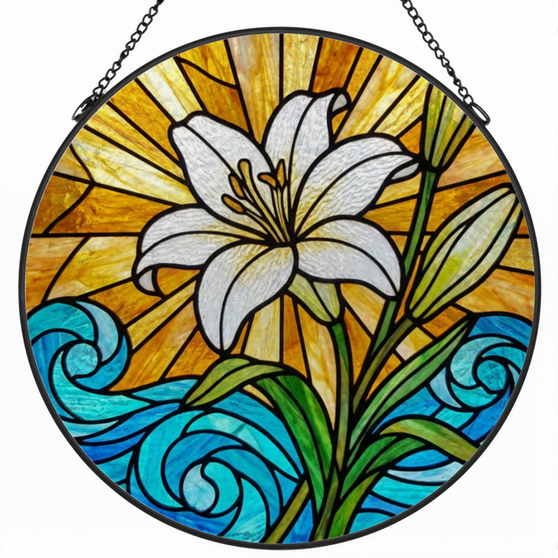 7.8"H Lily Waves Stained Glass Window Panel, 7.8" H x 7.8" W