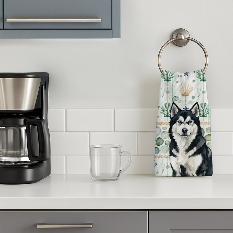Black and White Alaskan Malamute Coastal Sea Glass Kitchen Towel, Black and White Alaskan Malamute