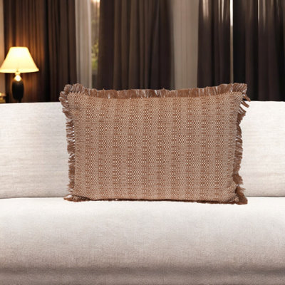 Coussin 14 "x 20" en coton rayé brun et blanc avec frange