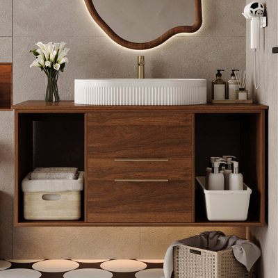 Meuble-lavabo avec lavabo ovale en céramique, 39,4 po, bois massif multi-couches, tiroirs à fermeture en douceur, tablette ouverte, pour solution de rangement de salle de bain rustique