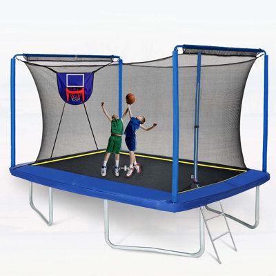 8ft by 12ft Rectangular Trampoline with Basketball Board, Ball Inflater, and Ladder - Blue, ASTM Standard Tested and CPC Certified