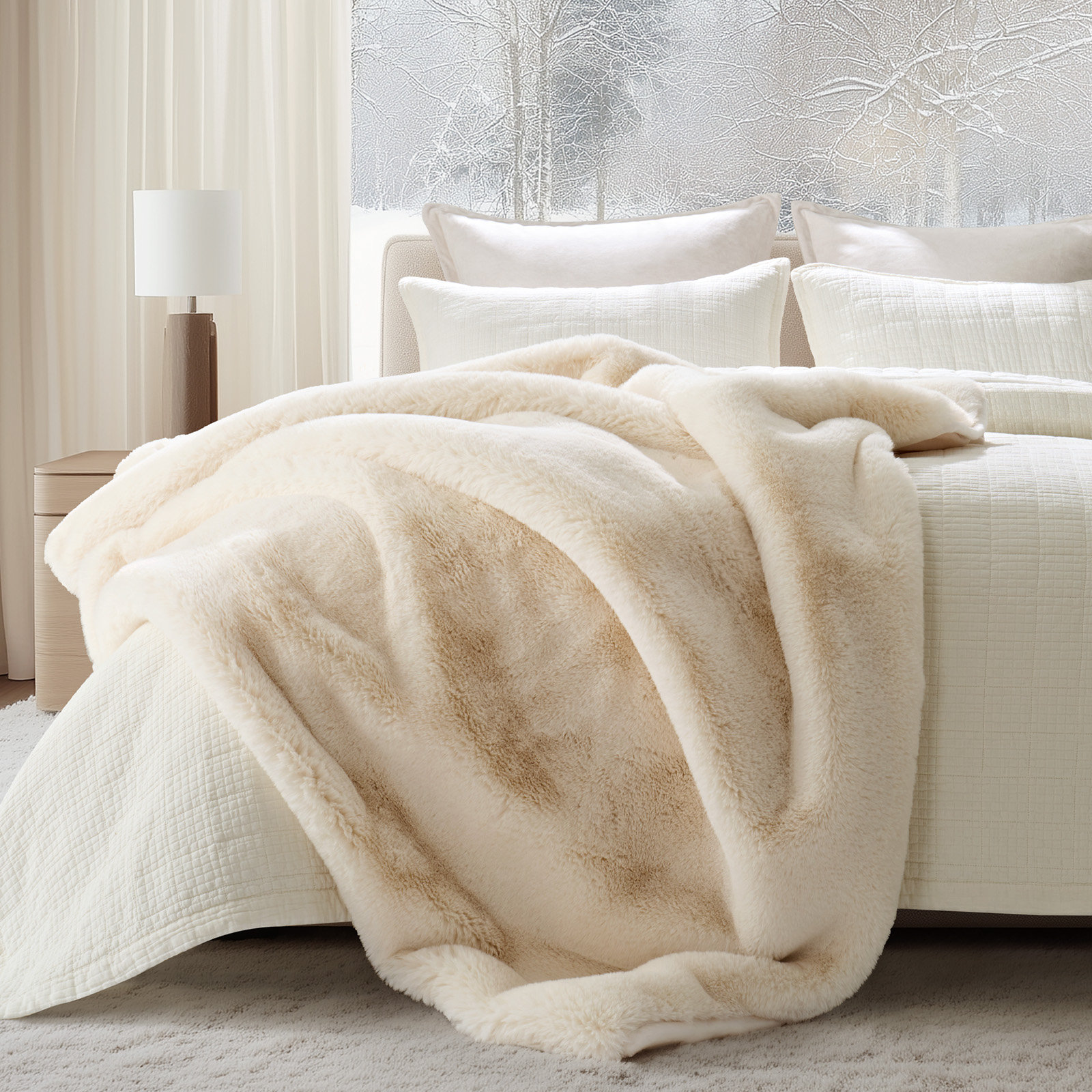 Chinchilla Faux Fur Throw Blanket, 60" L x 50" W, Arctic White