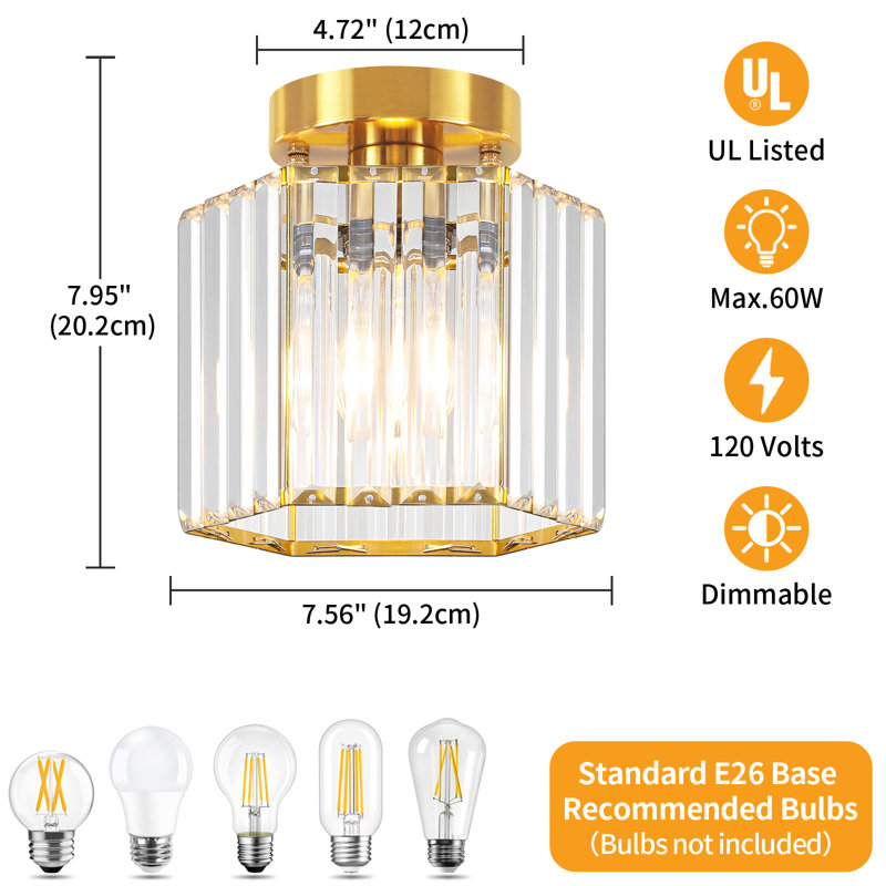 1-Light Dimmable Crystal Drum Semi Flush Mount Ceiling Light for Bedroom Kitchen Hallway, Gold