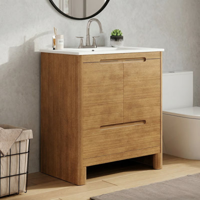 30 Inch Freestanding Bathroom Storage with Ceramic Sink, Solid Wood Frame, Soft Close Doors & Drawers