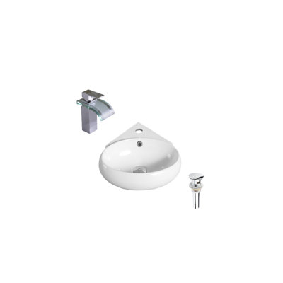 DROP Bath And Kitchen 13.7'' White Ceramic Oval Bathroom Sink with Faucet and Overflow