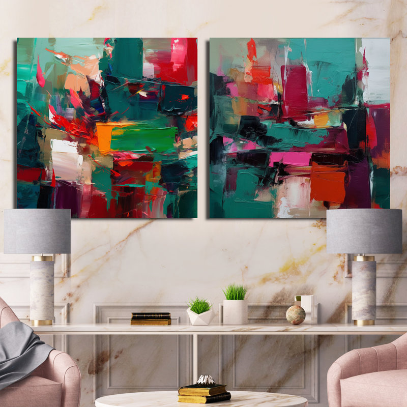 Serene Waters In Marble - Ensemble de 2 collages carrés abstraits en marbre, Toile tendue, H 30 po x l 61 po