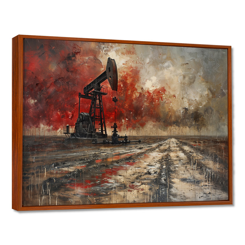 «Red Winter Oil Fields Industrial Icon II - Oil Rigs / Fields», reproduction d'art murale, Toile brune avec cadre flottant