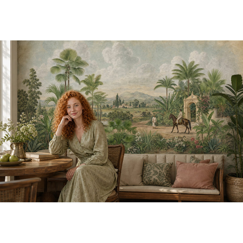 Papier peint botanique tropical discret, 100"x96", Non-Woven Nonpasted