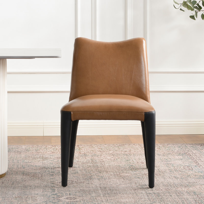 21" Wide Modern No Assembly Top-grain Genuine Leather Upholstered Dining Chair, Tan, 1