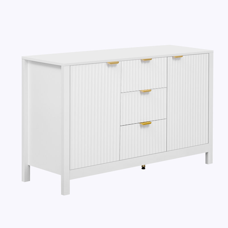 Console de rangement Wave Design avec tablettes réglables, 3 tiroirs et portes à fermeture douce, Blanc