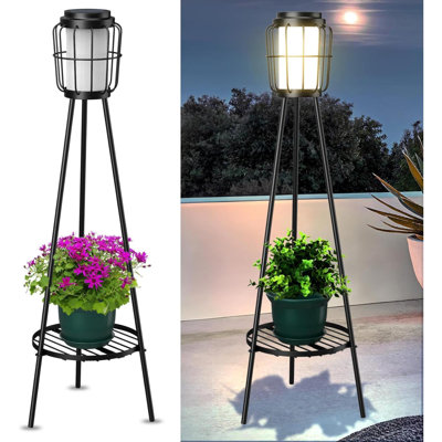 Lampes solaires d'extérieur avec support à plantes, paquet de 2, lampes de patio en métal à trépied pour allée de jardin