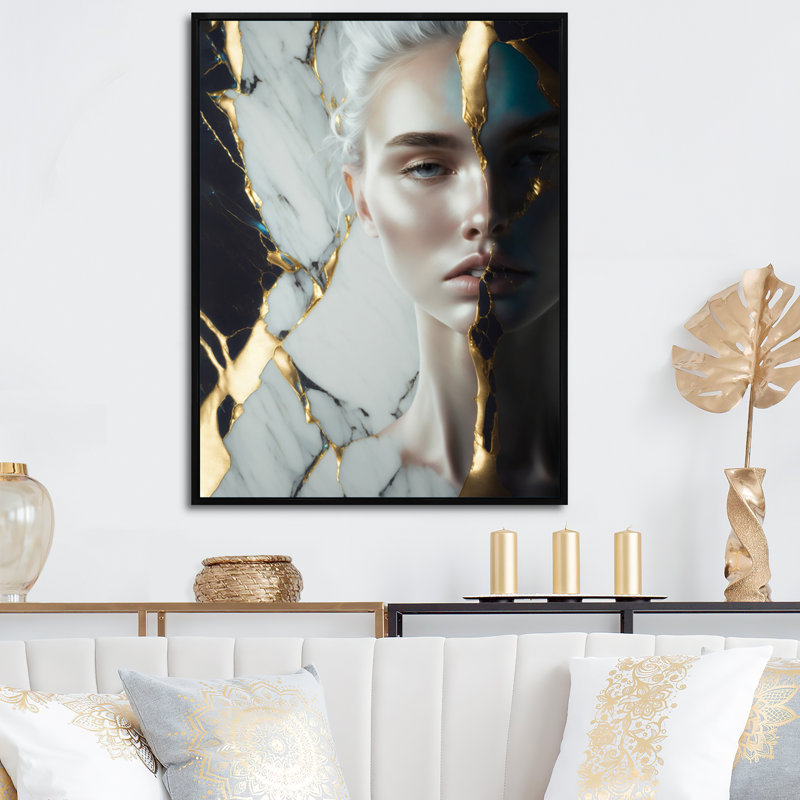 Géode abstraite or et marbre vert sur le visage - reproduction sur toile, L 24 po x H 32 po, Toile avec cadre flottant noir