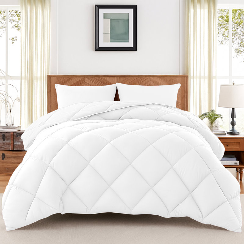 Down Alternative Microfiber Reversible Comforter Set - 3 Pcs All Season Diamond Pattern Comforter with Shams, White, Queen