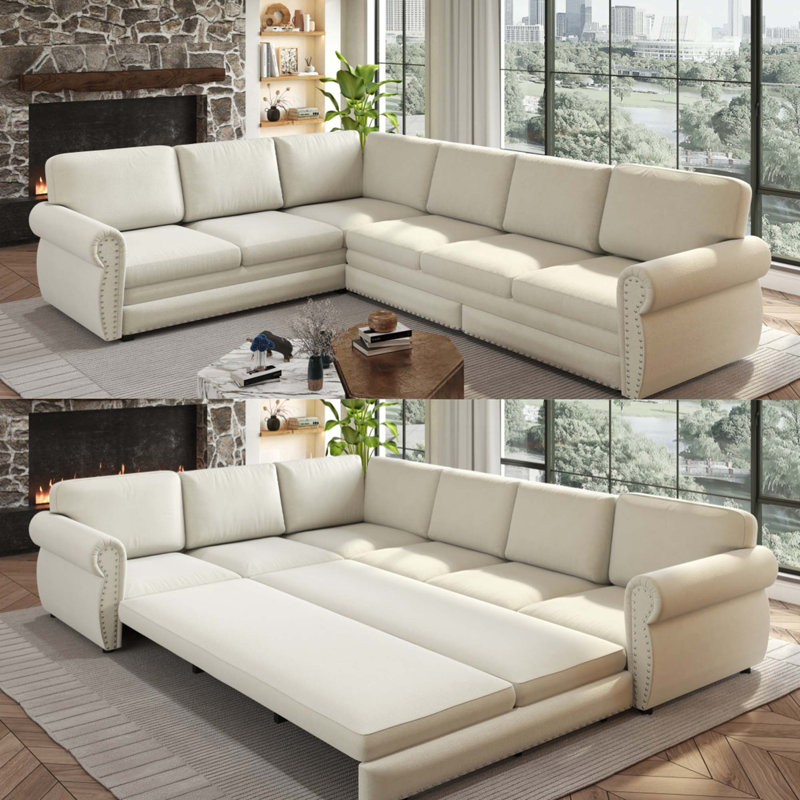 Canapé de coin convertible multifonctionnel avec revêtement en chenille et finitions cloutées, Chenille beige