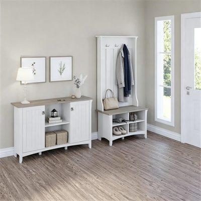 Ensemble de rangement pour hall d'entrée avec portemanteau, banc à chaussures et armoire d'appoint Salinas en blanc pur et gris Shiplap