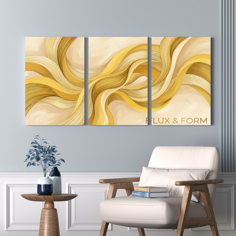 Ensemble de 3 tableaux abstraits sur toile, motif vagues dorées et crème, pour la décoration du salon, de la chambre ou du bureau.
