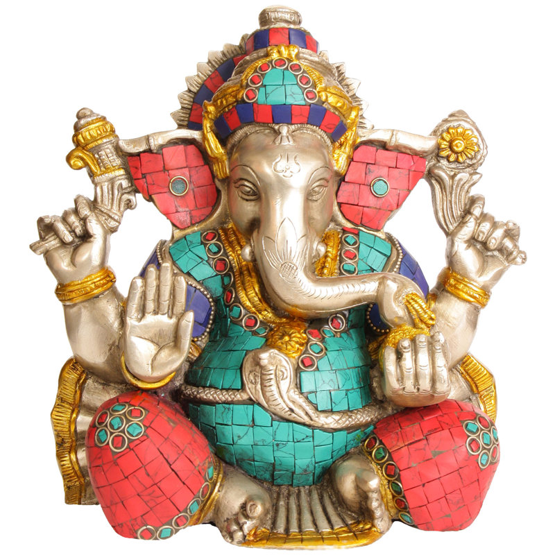 Statue en laiton de Ganesha faite à la main de 8 po - assise en posture facile, incrustation traditionnelle, idole de divinité indoue pour le temple de la maison, méditation et cadeau de qualité supérieure