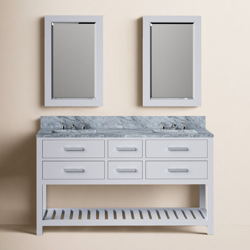 Parmer 60" Carrara White Marble Countertop Bath Vanity with Faucet and Mirror, Solid White