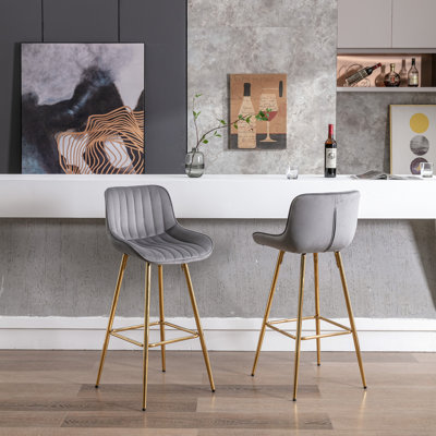 2 Of 30 Inch Bar Stools, Gray Velvet Fabric With Footrest, Golden Leg Simple High Stool Molecules, Legged