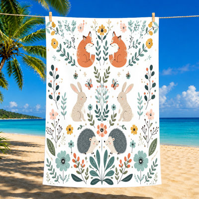 Serviette de plage 1Pcs, avec des renards, des lapins et des hérissons aux accents de papillons floraux, parfaite pour les voyages, les journées à la piscine et les aventures en plein air.