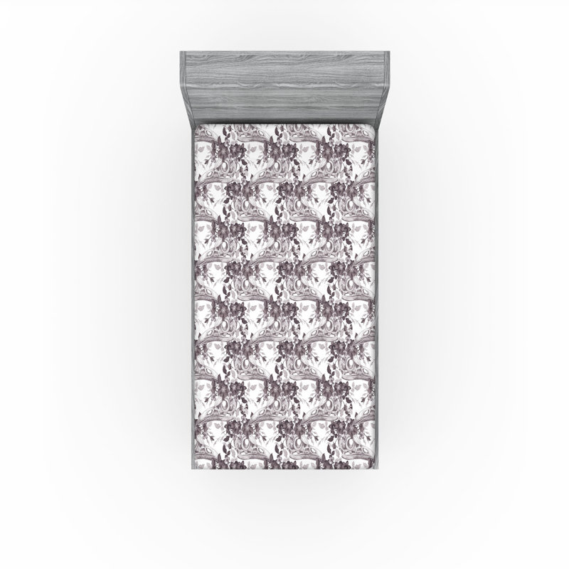 Ambesonne Nature Fitted Sheet Leaves Botanical Style Art, Twin Fitted Sheet, Dark Taupe/Gray/White Floral
