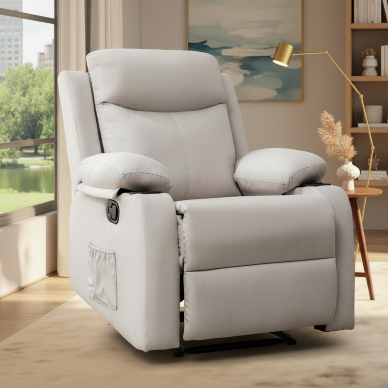 Linen Fabric Manual Small Recliner, Fixed Base, Beige, Designed For Small Spaces., White