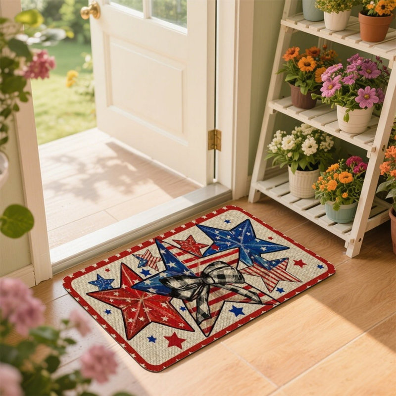 Tapis de porte Patriotic Star Bow, pour le 4 juillet et le vestibule, 24 po x 36 po, rouge, bleu, beige