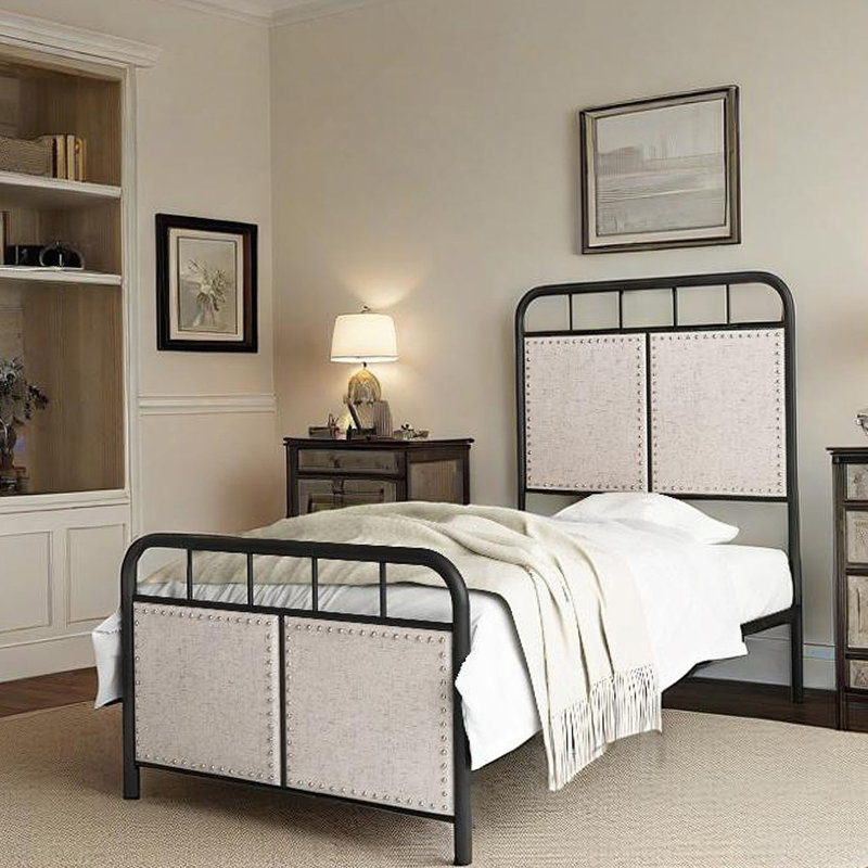 Base de lit simple tapissier en lin avec tête de lit et pied de lit en tissu