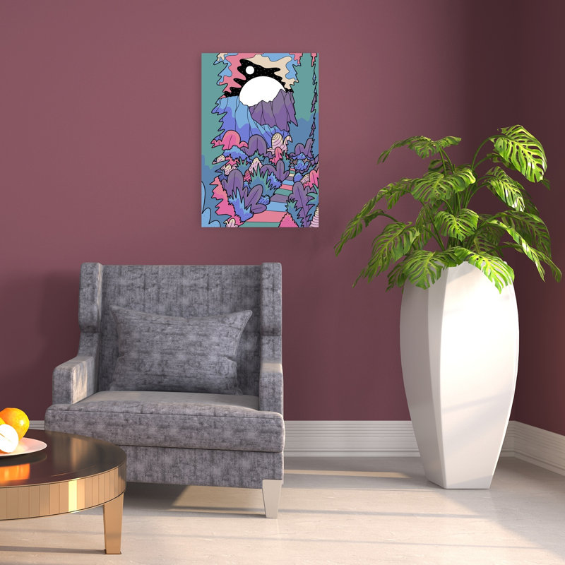 «Whimsical Mountain Night Path Abstract Colorful Dreamy Forest Landscape», reproduction d'art mural, 24" H x 16" W