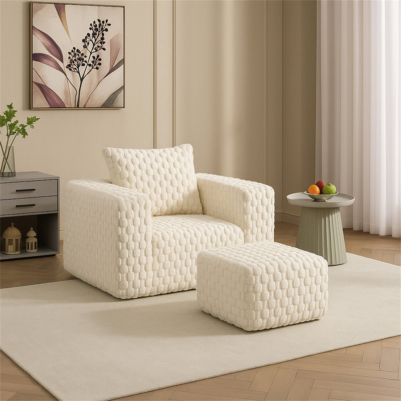 Canapé en velours côtelé avec repose-pieds Lingge-33006, Blanc