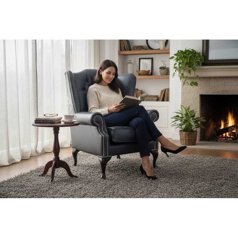 Upholstered Wingback Chair, Cracked Wax Black