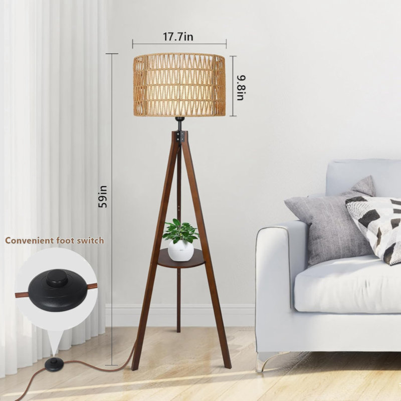 Andryc 6.5''H Tripod Floor Lamp with Shelves, Fabric Shades
