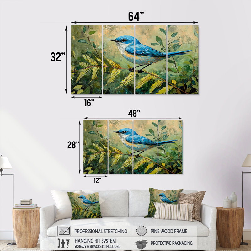 Oiseau bleu et fougères de la forêt II - Art mural oiseau - art mural moderne pour le salon, H 28 po x l 48 po