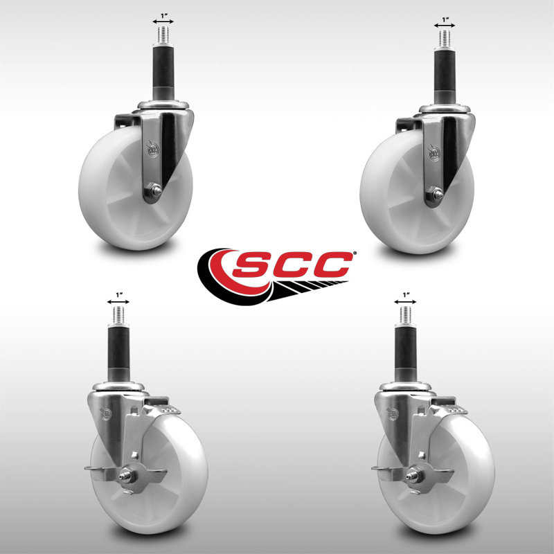 5 Inch SS Nylon Wheel Swivel 1 Inch Expanding Stem Caster Set 2 Brakes SCC