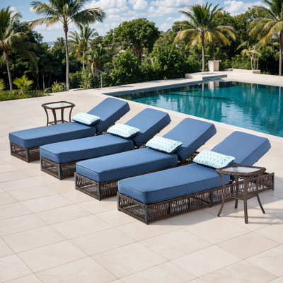 Chaise longue de patio Laguna, fauteuil inclinable de luxe avec dossier à 6 positions et coussins de 5 pouces, ensemble de 4 avec 2 tables d'appoint