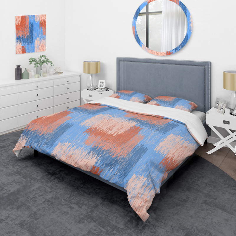 Corail et bleu grunge rayé - ensemble de housse de couette abstrait - microfibre de polyester