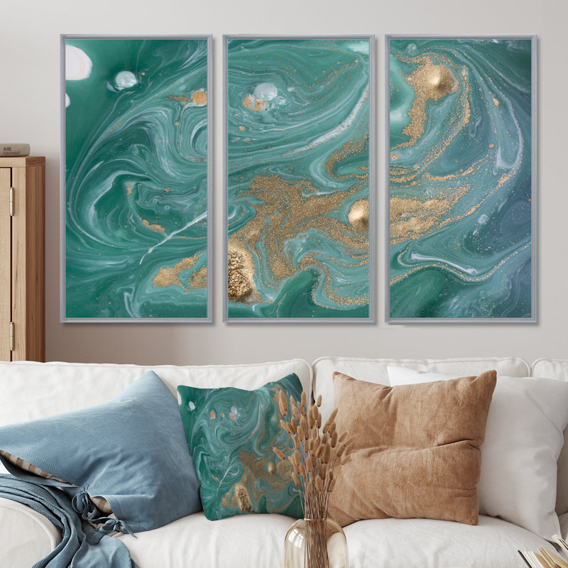 Nature verte et marbre doré - ensemble d'art mural sur toile Glam, H 28 po x l 36 po, Argent argent