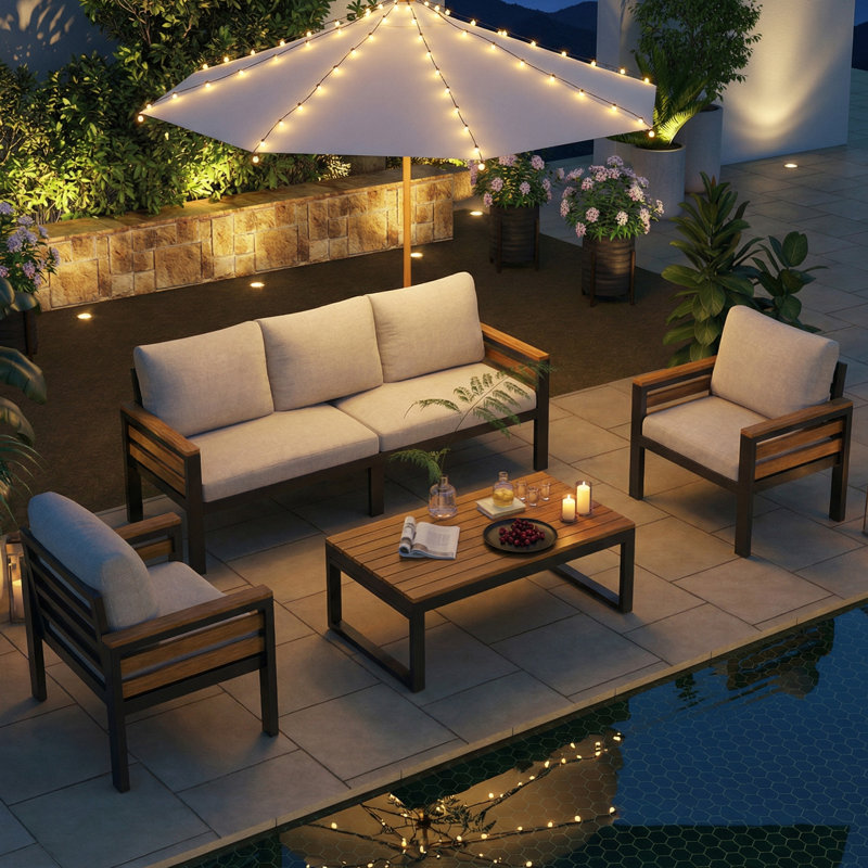 Ensemble de conversation extérieur 5 personnes avec structure en bois massif et acier, ensemble de mobilier de patio comprenant un canapé 3 places, 2 chaises et une table basse, coussins beiges amovibles