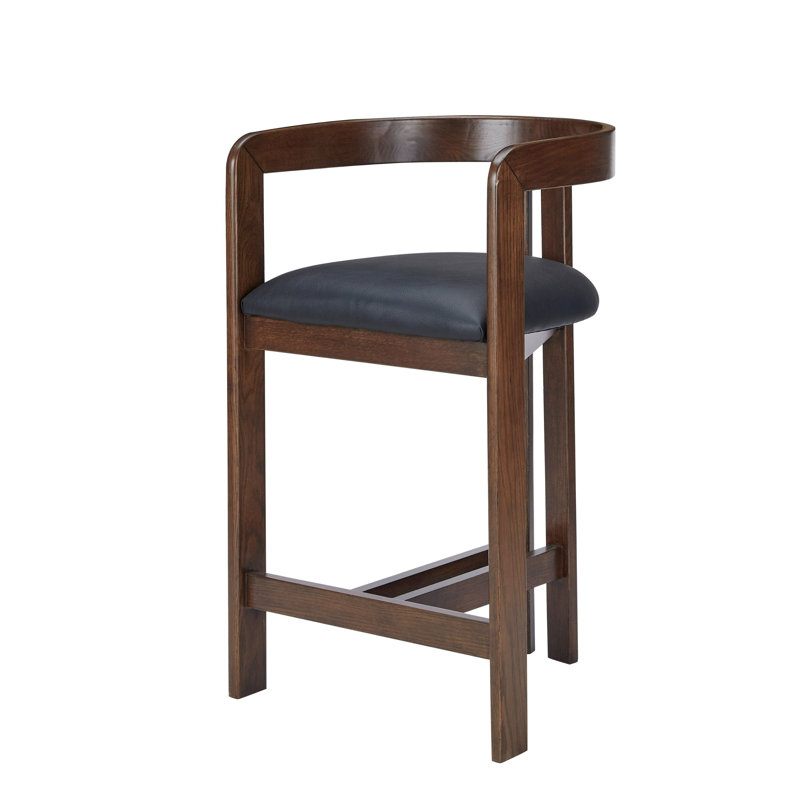 Tabouret de comptoir Lulani 25,7, Similicuir noir / structure en chêne brun