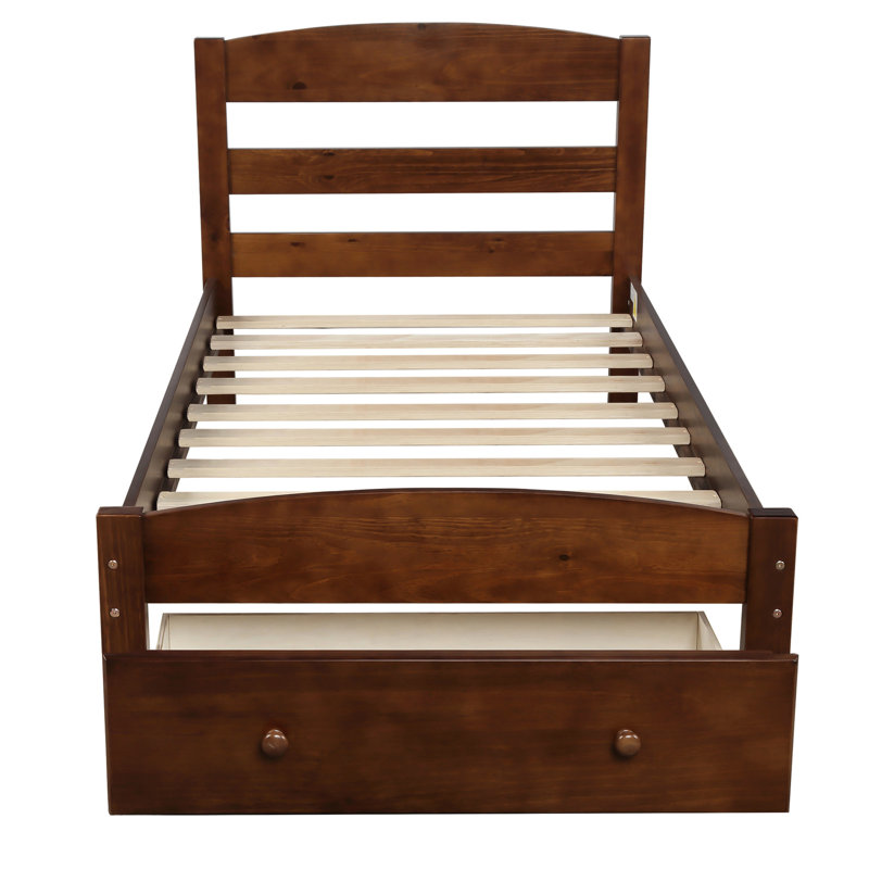 Solid Wood Twin Bed With Storage And Walnut Slat Support Base