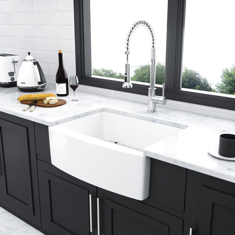 24" White Ceramic Sink - Arch Edge Apron Front Single Bowl For An Elegant Kitchen Space 24 Inch Look