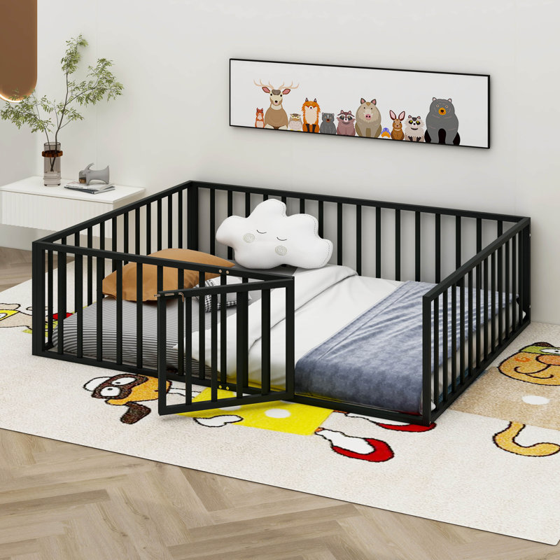 Haryuvraj Floor Bed Frame with Fence and Door, Queen, Black