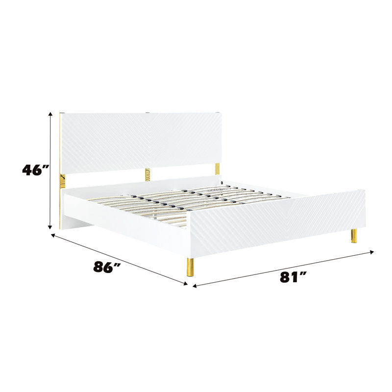 Lit Ek en métal blanc ultrabrillant - sans sommier, entièrement en kd, motif ondulé, 39 lattes, 4 pieds de soutien, capacité de charge de 660 lb pour supporter la structure de kd à la finition, support de poids