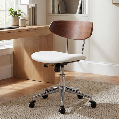 Mid Century Modern Desk Chair With Wood Back, Adjustable Height Swivel Office Chair, Ergonomic Beige Fabric Upholstered Task Chair With Wheels, Retro Style For Study & Computer Room