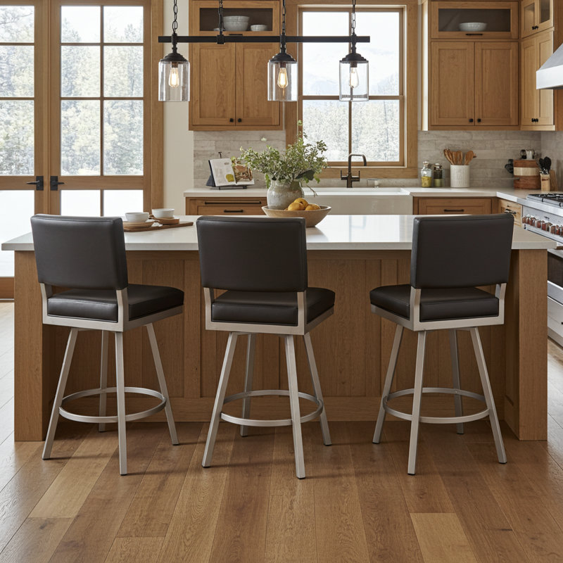 Sunnydale Emerson 26" Swivel Counter Stool, Sterling Mist Finish & Obsedian Black Leatherette